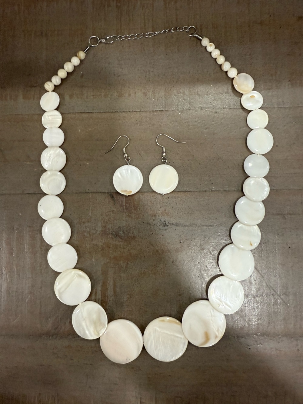 White Mother of Pearl Shell Disc Necklace Earrings Set
